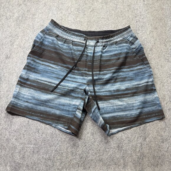 Lululemon Training Shorts Men L Blue Black Striped Unlined 7" - Picture 1 of 15